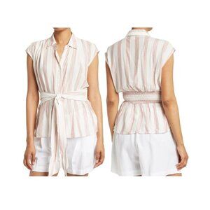 ❤️❤️❤️Womens Stripped blouse Sz L Top White Tie Front patterned chic Cap Sleeve